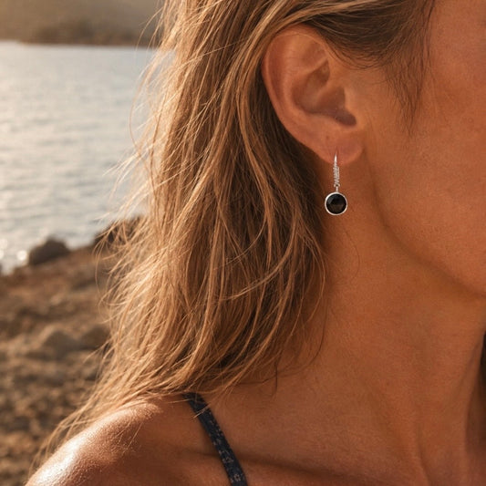 [PRE-ORDER] Charis Round Gemstone Earrings Silver Black Onyx, Front CZ Hooks