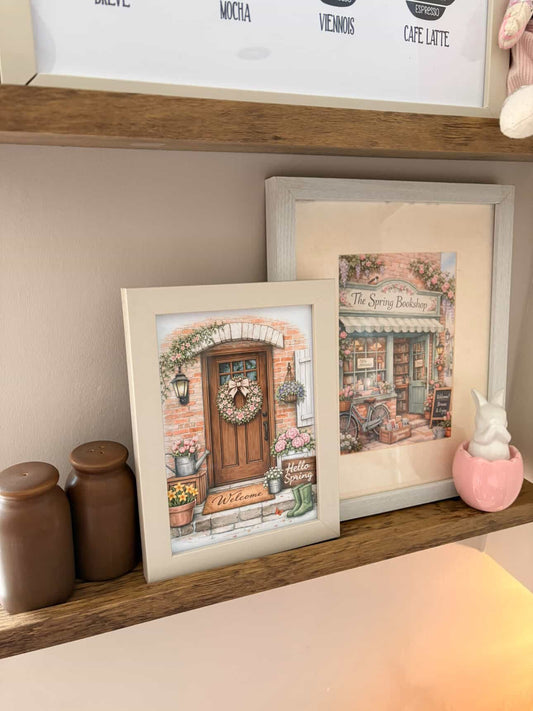 Hello Spring Brown Front Door Wall Art – Floral Cottage Entryway Illustration Spring Home Decor Print