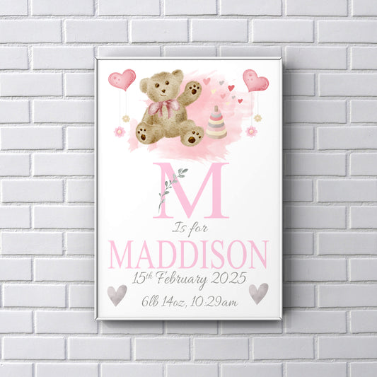 Personalised Nursery Decor - Teddy Newborn Girl print gift