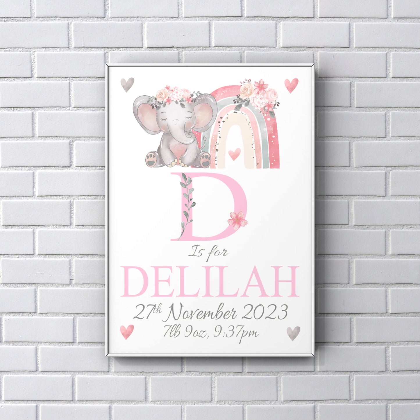 Baby girl personalised elephant print, birth details print, new baby gift