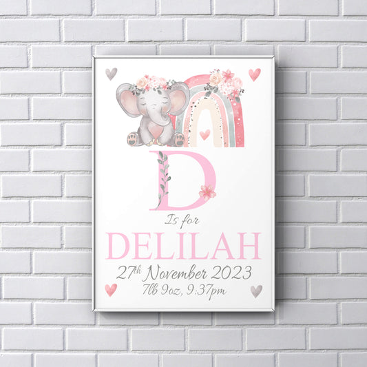 Baby girl personalised elephant print, birth details print, new baby gift