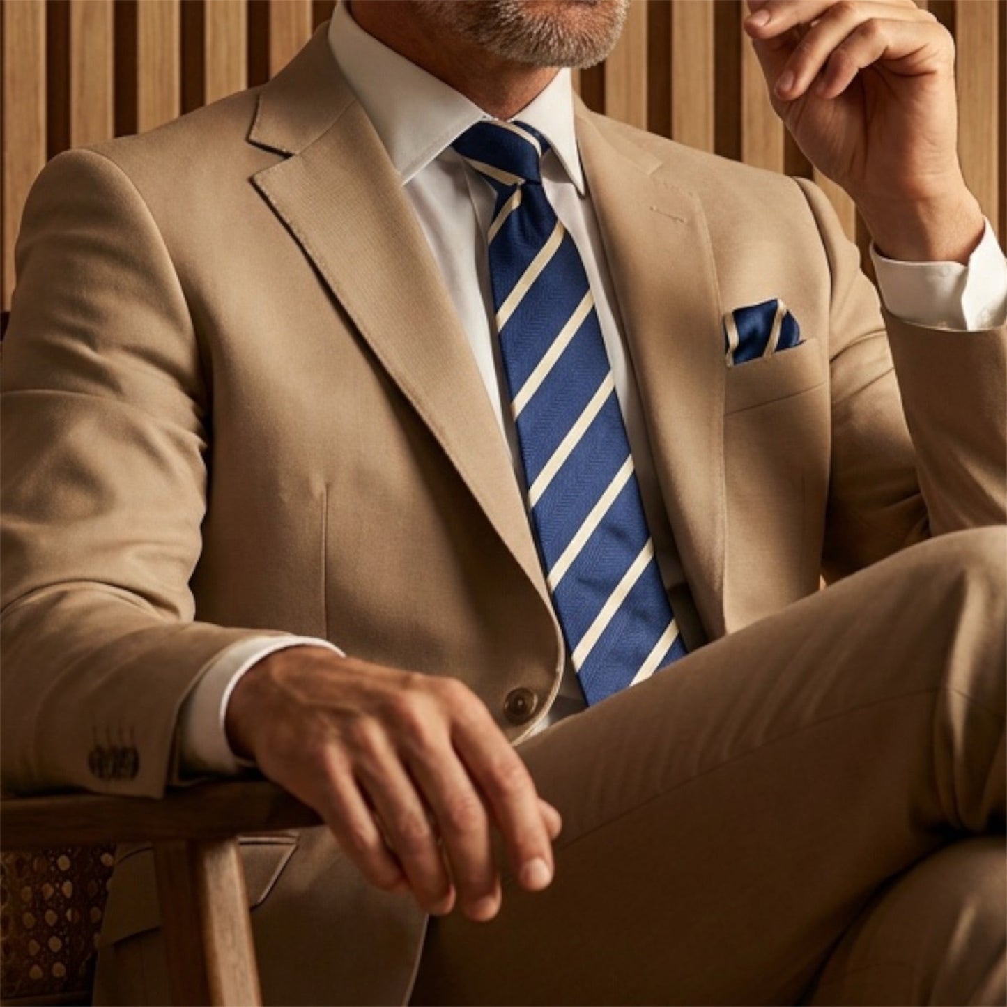 Navy Blue & Pale Yellow Stripe Pocket Square - Hawksmoor Edit