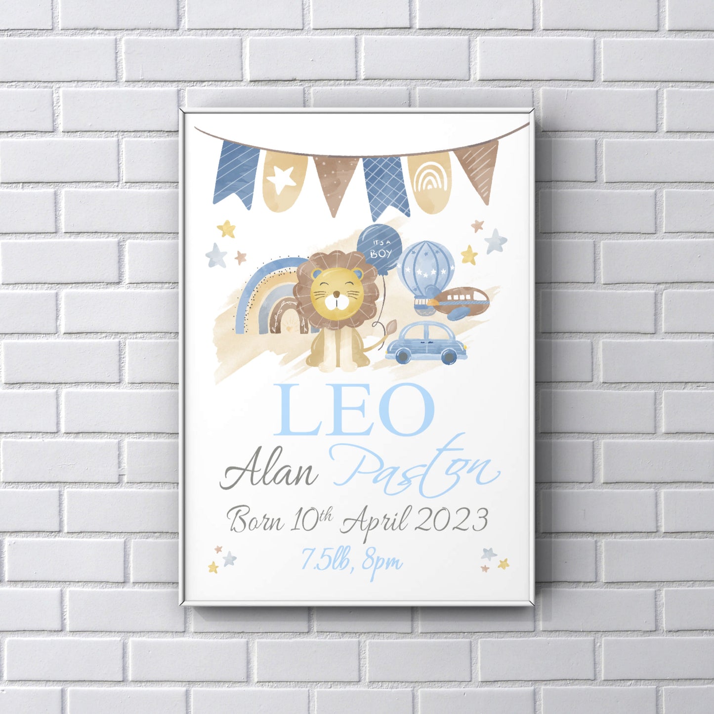 Personalised baby boy Newborn gift lion print
