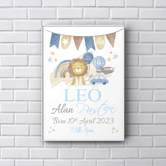 Personalised baby boy Newborn gift lion print