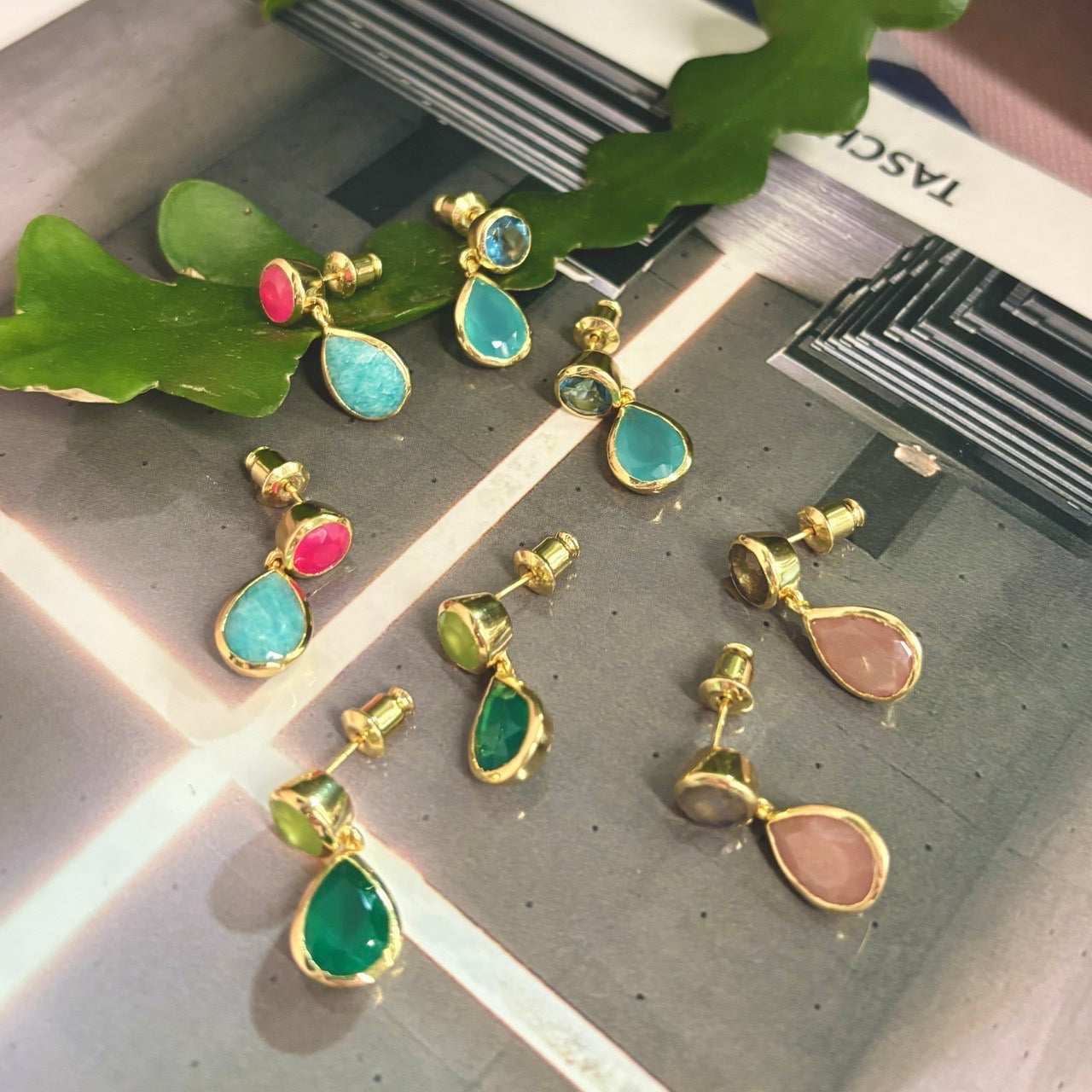 Gold Double Gemstone Drop Earrings with Fuchia Onyx & Amazonite
