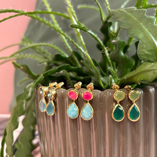 Gold Double Gemstone Drop Earrings with Fuchia Onyx & Amazonite