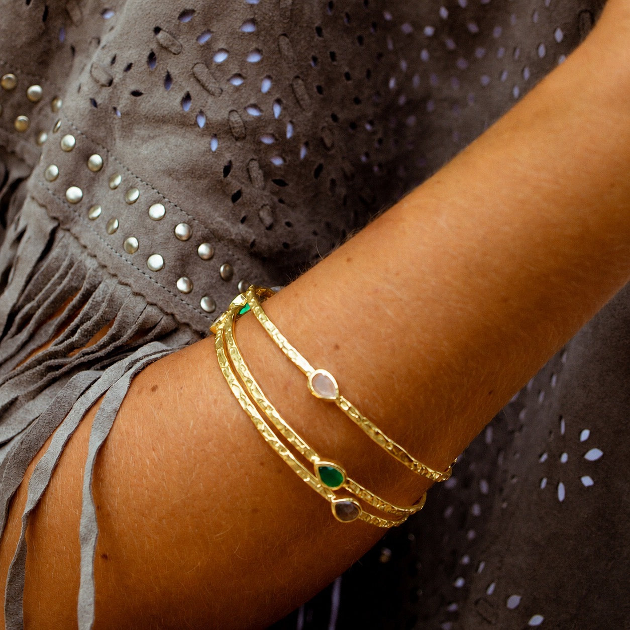 Simi Three Stone Stacking Bangle Green Onyx