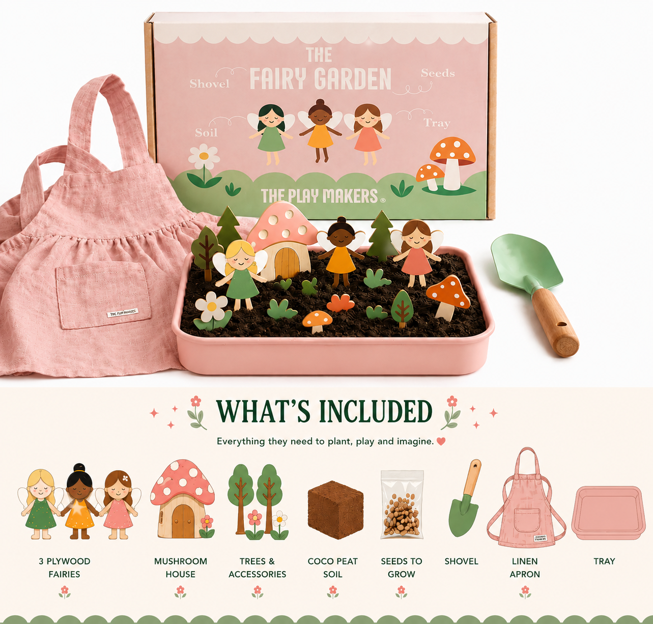 Fairy Garden Starter Kit (Apron,Tray, Shovel, Fairies, Soil & Seeds)