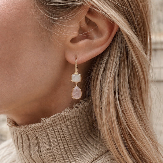 Charis Double Gemstone Earrings Moonstone & Rose Quartz