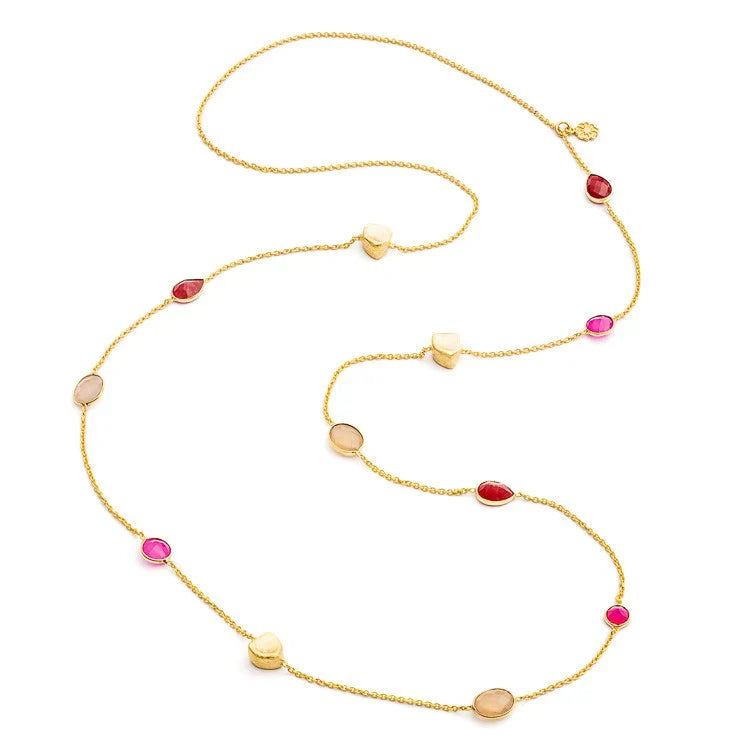 Penelope Multi-Stone Necklace: Fuschia Onyx, Peach Moon stone & Red Jade