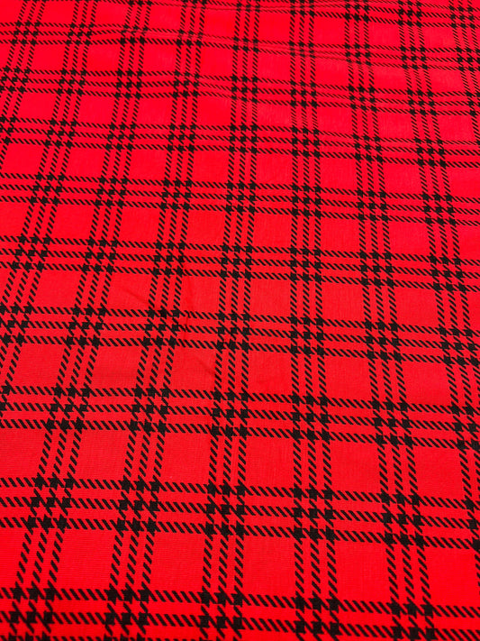Red & Black Check Print Viscose Elastane Fabric