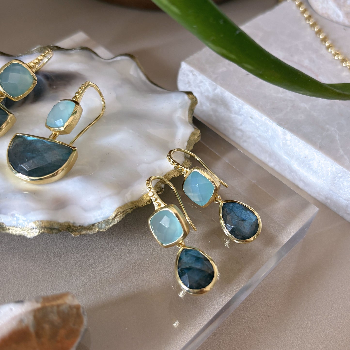 Charis Double Gemstone Earrings Pariba Onyx & Labradorite
