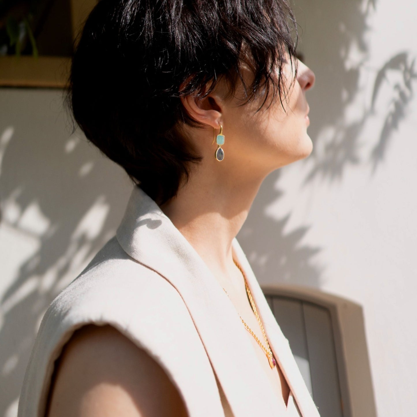Charis Double Gemstone Earrings Pariba Onyx & Labradorite