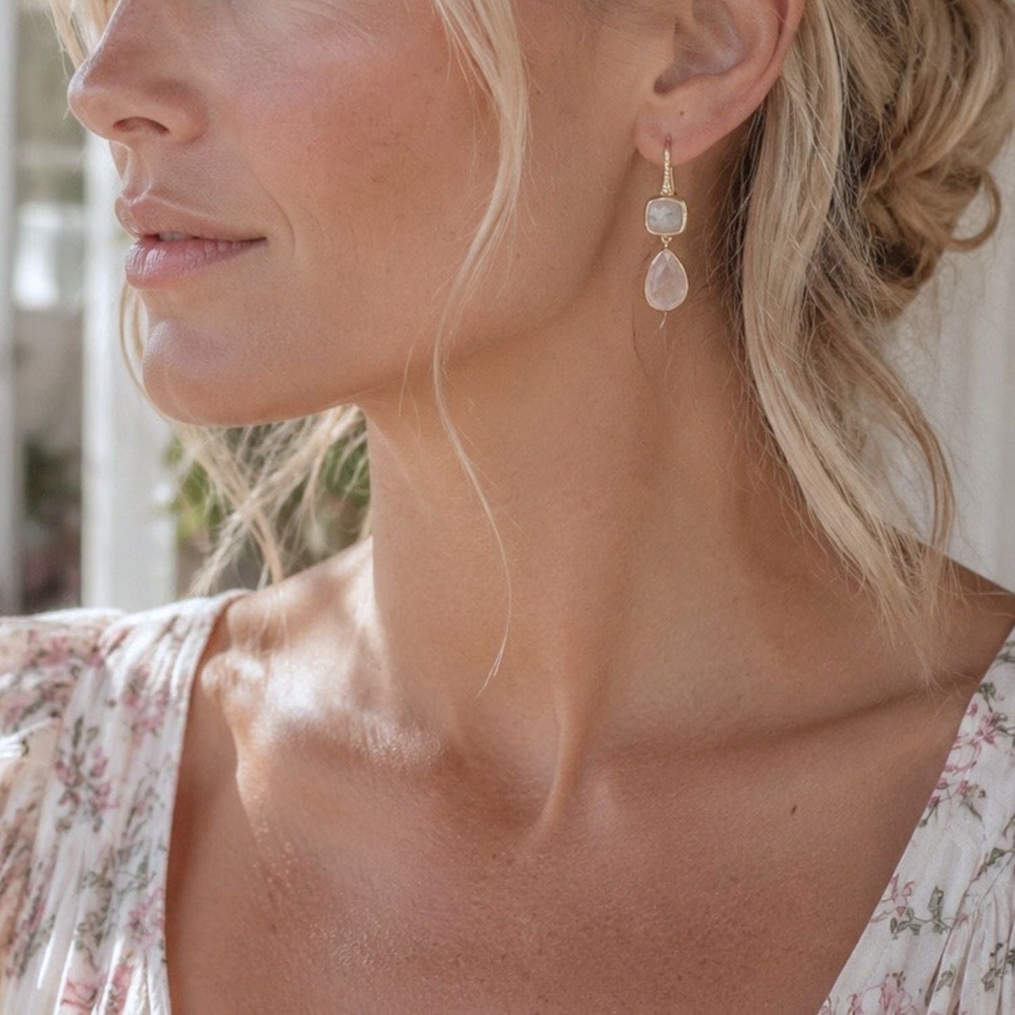 Charis Double Gemstone Earrings Moonstone & Rose Quartz