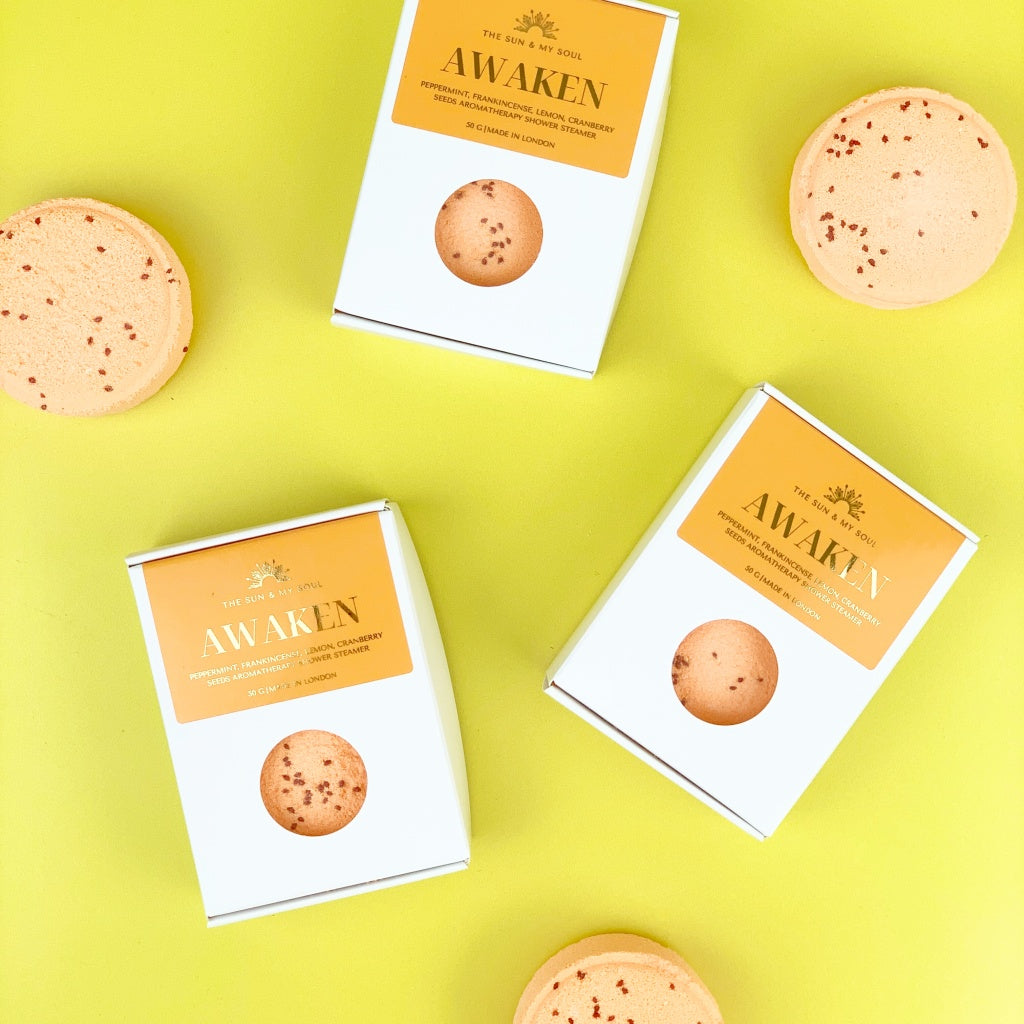 Awaken Aromatherapy Shower Steamer in Box - Peppermint, Frankincense, Lemon and Cranberry Seeds