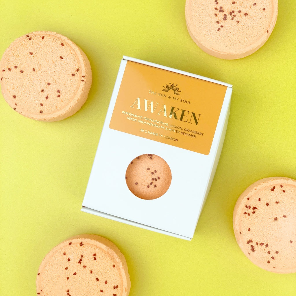 Awaken Aromatherapy Shower Steamer in Box - Peppermint, Frankincense, Lemon and Cranberry Seeds