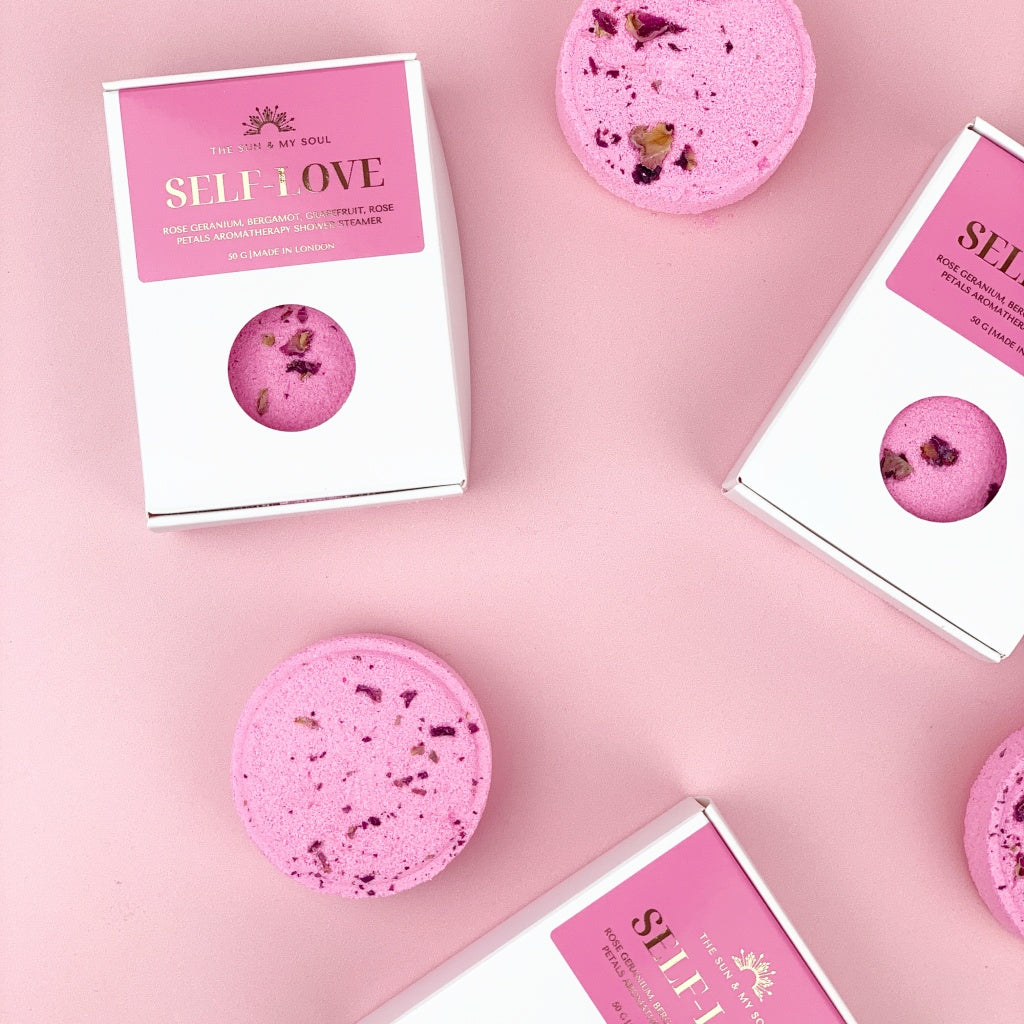 Self-love Aromatherapy Shower Steamer in Box - Rose Geranium, Black Pepper, Bergamot, Grapefruit and Rose Petals