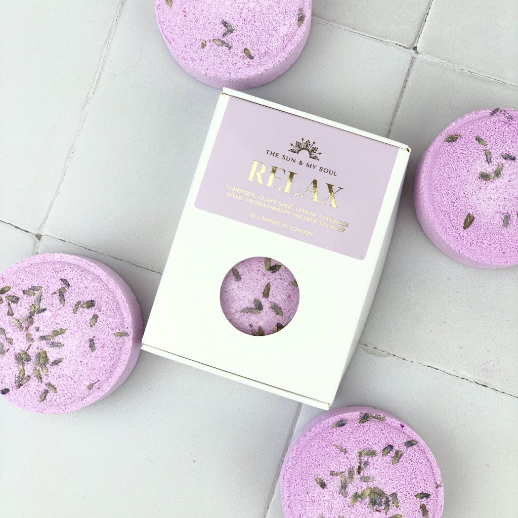 Relax Aromatherapy Shower Steamer in Box - Clary Sage, Lemon, Lavender and Lavender Seeds