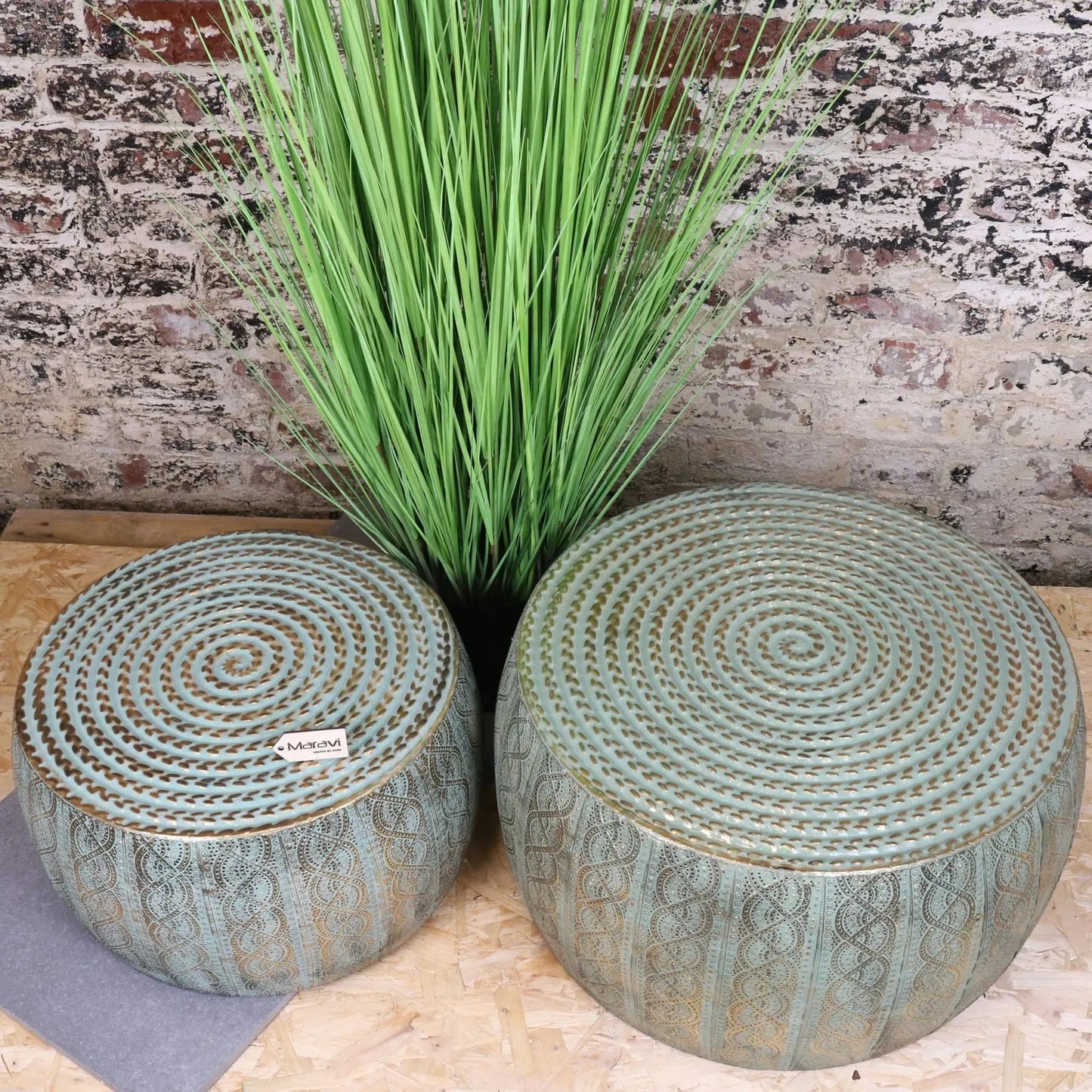 Jodai Drum Side Table Set Antiqued Gold