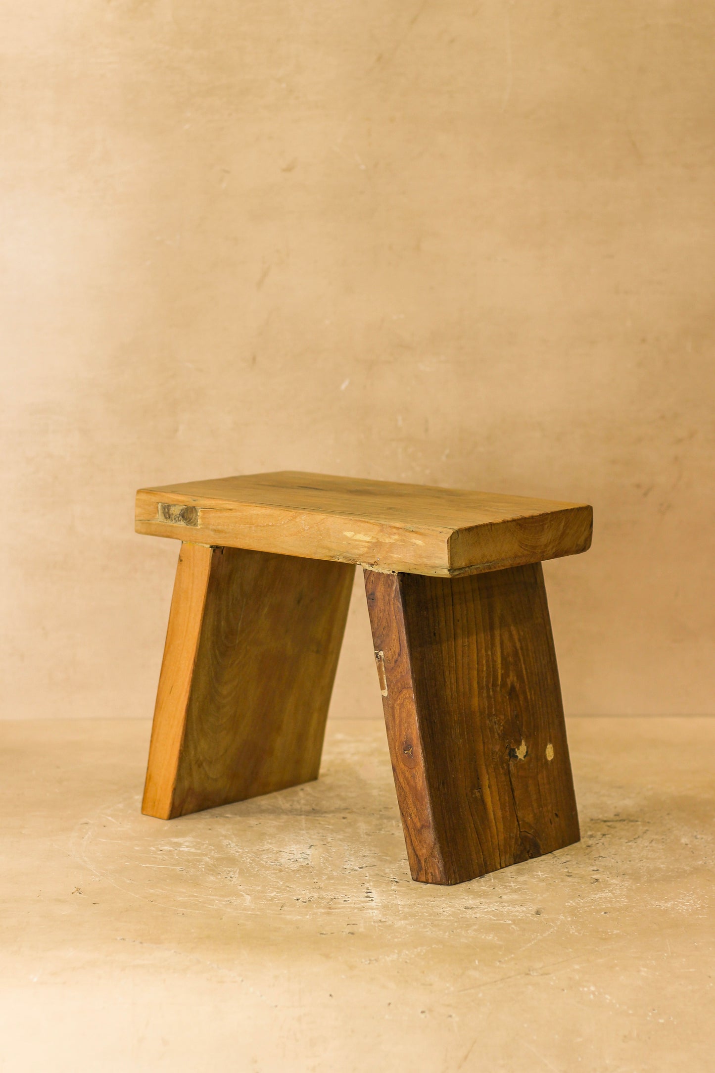 Vintage Rustic Square Elm Wood Stool - Small - No 4