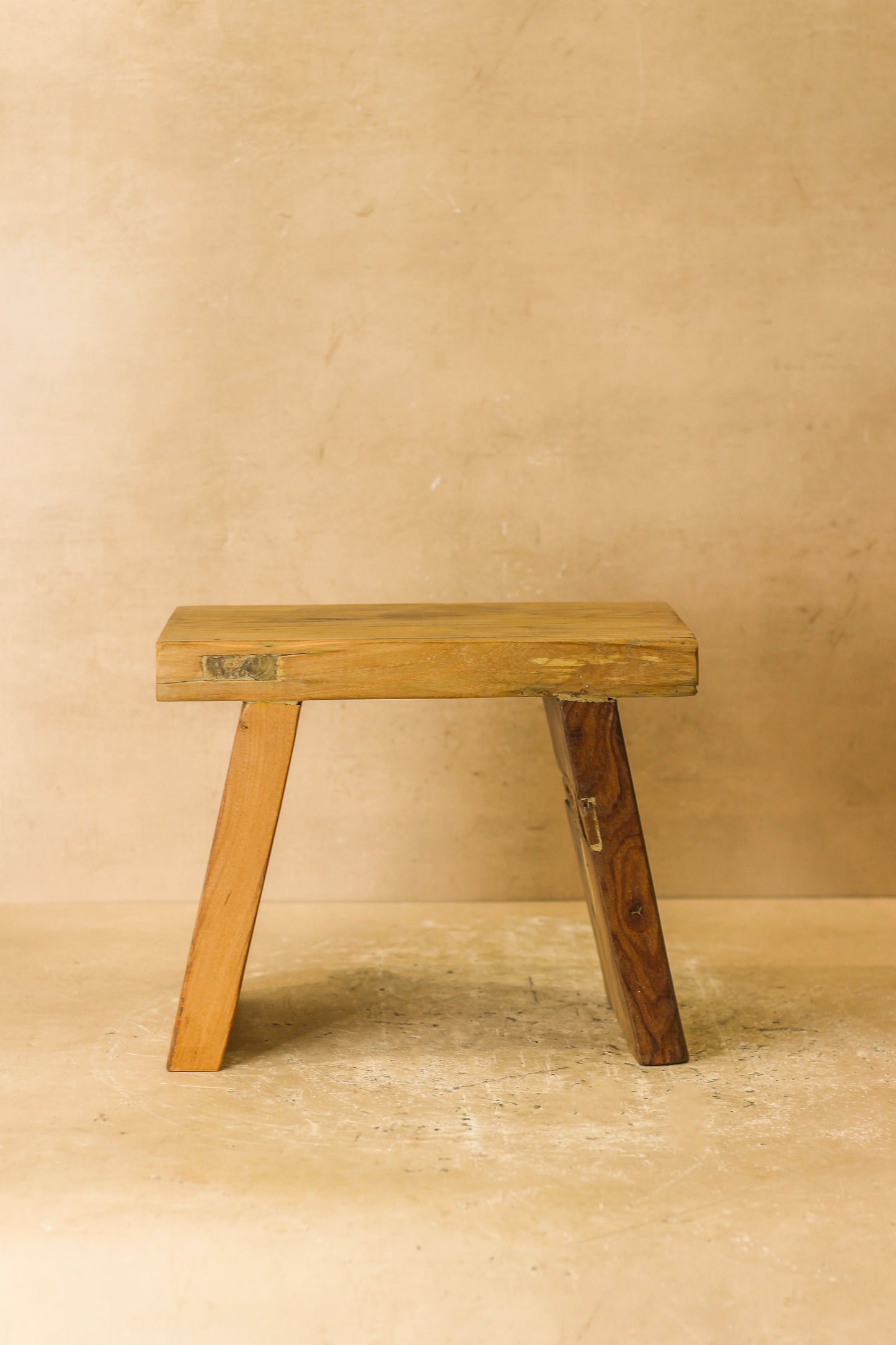 Vintage Rustic Square Elm Wood Stool - Small - No 4