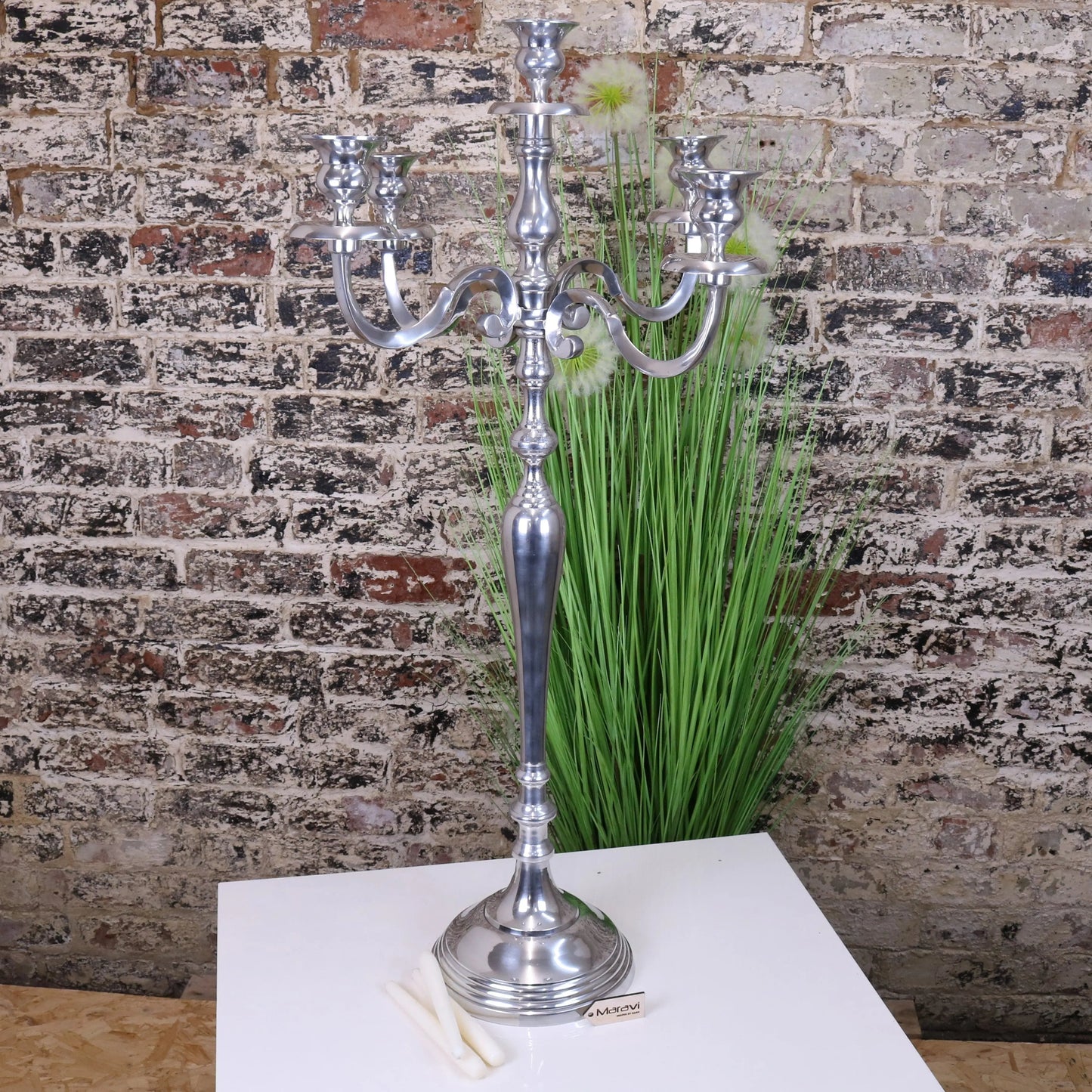 Mula Polished Silver 5 Candle Candelabra Centerpiece 105cm