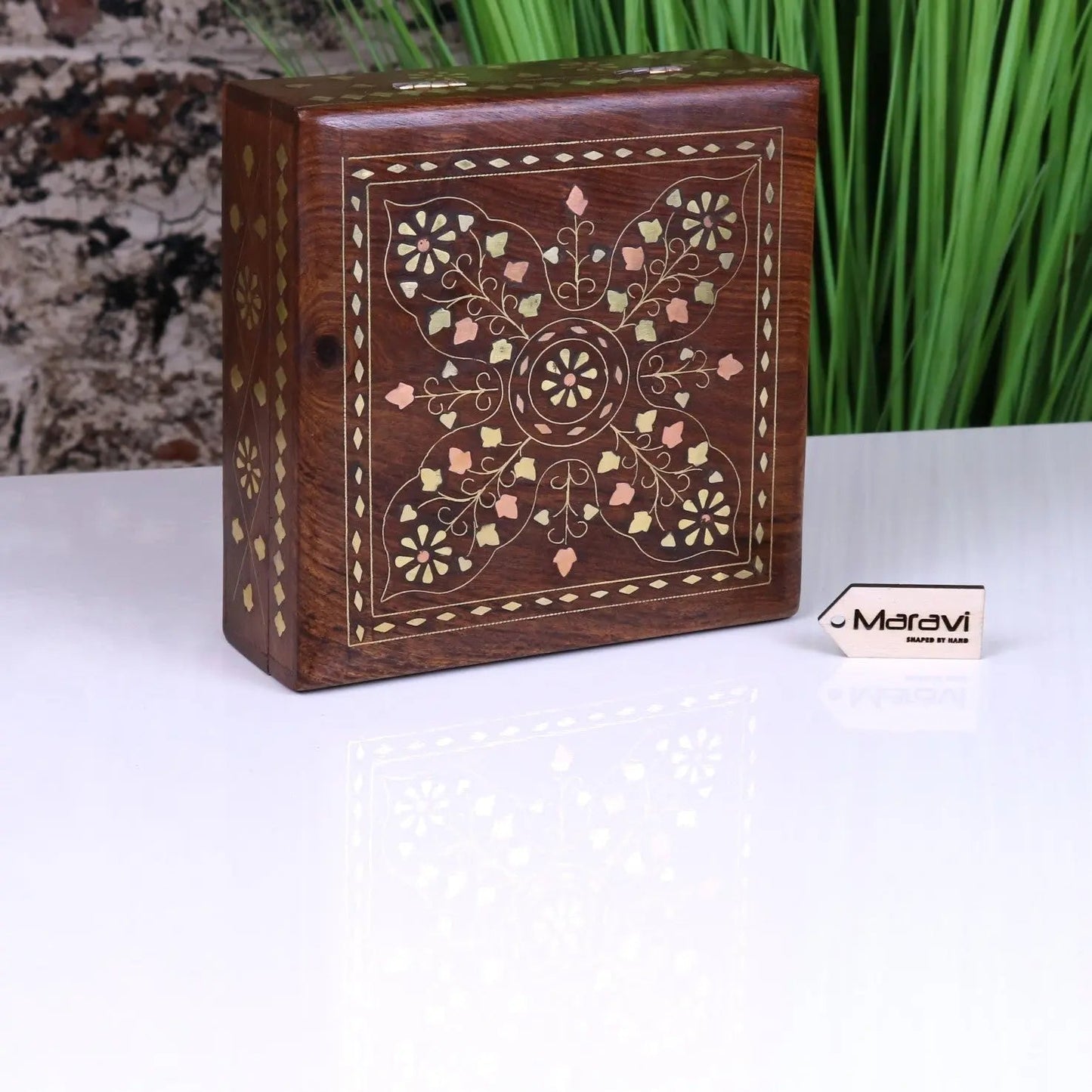 Lila Sheesham Wood Trinket Box Brass Inlay