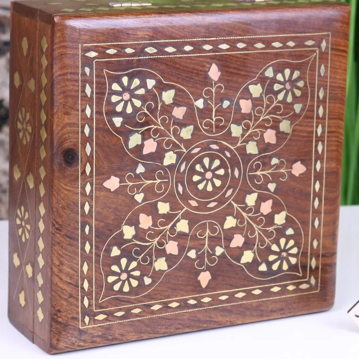 Lila Sheesham Wood Trinket Box Brass Inlay