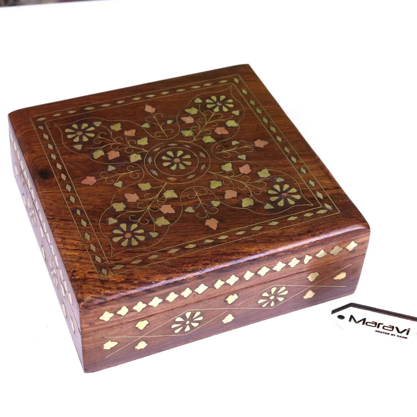 Lila Sheesham Wood Trinket Box Brass Inlay