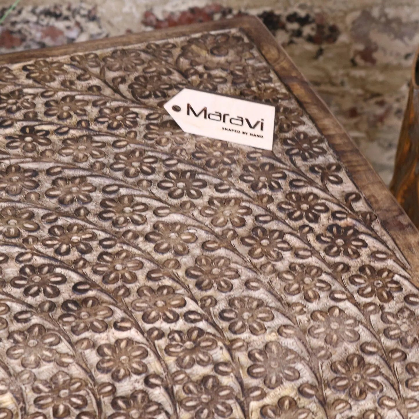 Ibra Large Side Table Burnt Mango Wood Hand Carved