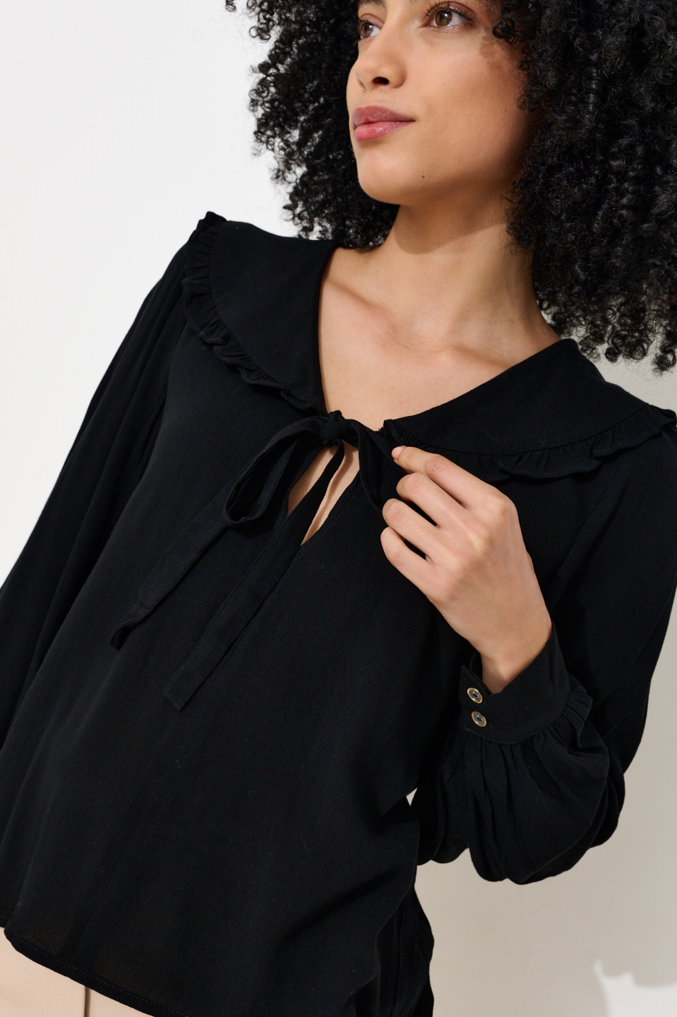 Gaela Moss Crepe Statement Collar Long Sleeve Blouse