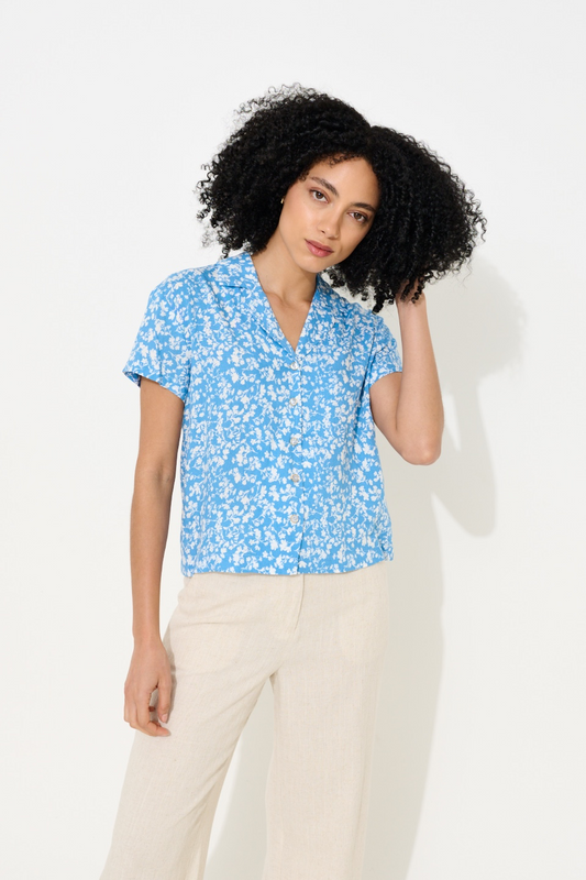 Marika Negative Floral Print Short Sleeve Shirt - Blue