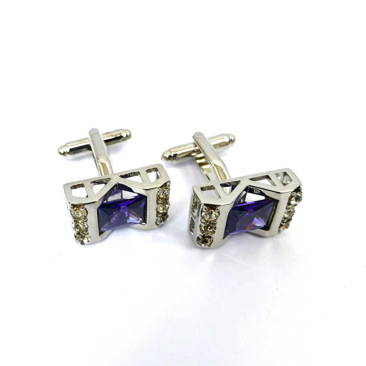 Silver Purple Gem Stone Rectangle Cufflinks