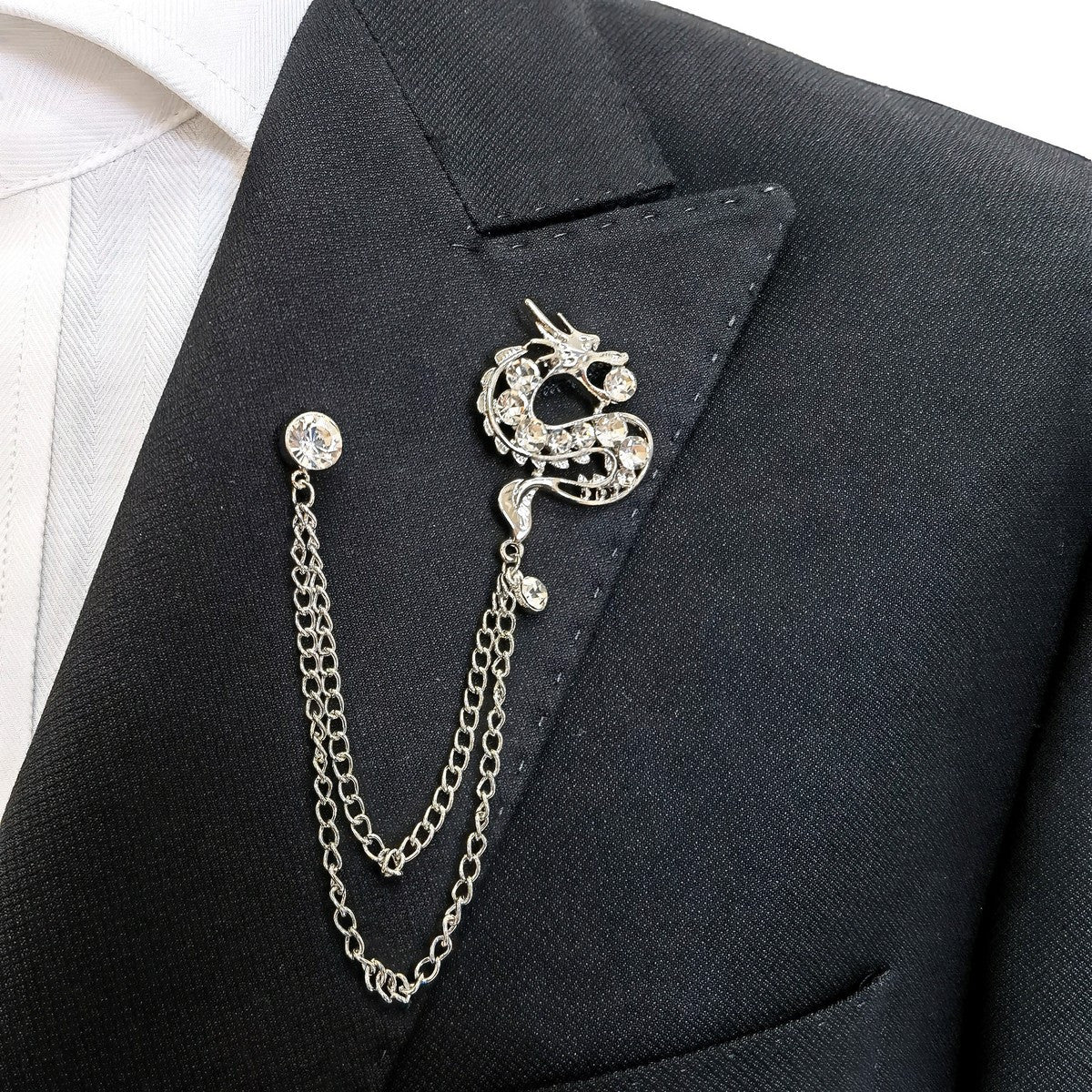 Silver Jewelled Dragon Chain Lapel Pin