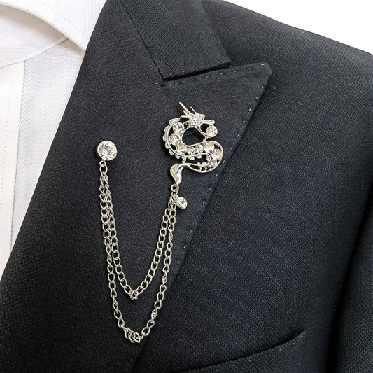 Silver Jewelled Dragon Chain Lapel Pin