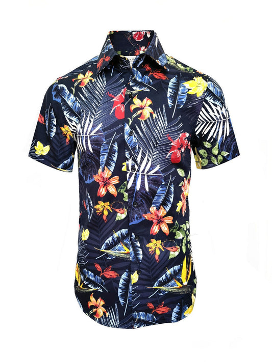 Navy Floral Print Short Sleeves Shirt