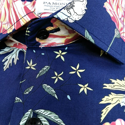 Blue Floral Print Short Sleeves Shirt