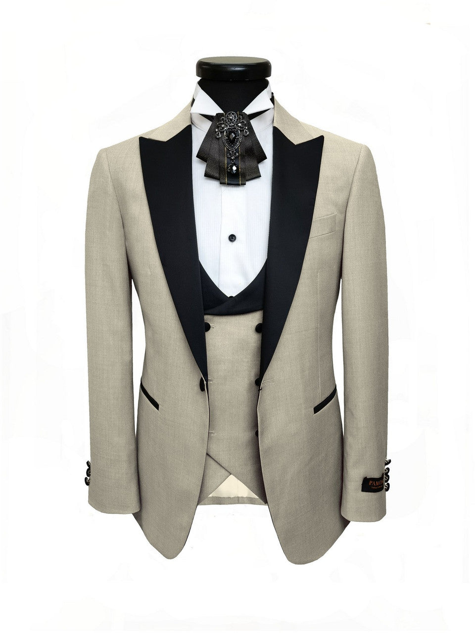 Beige 3-Piece Tuxedo With Black Peak Lapel