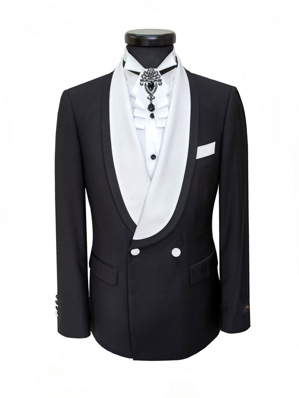 Black Double Breasted Tuxedo With White Shawl Lapel