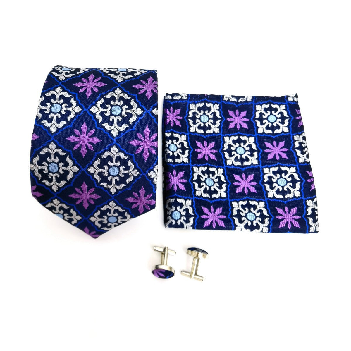 Purple Blue Geometric Pattern Tie & Cufflinks Set