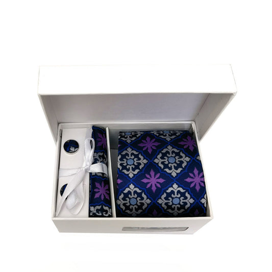 Purple Blue Geometric Pattern Tie & Cufflinks Set