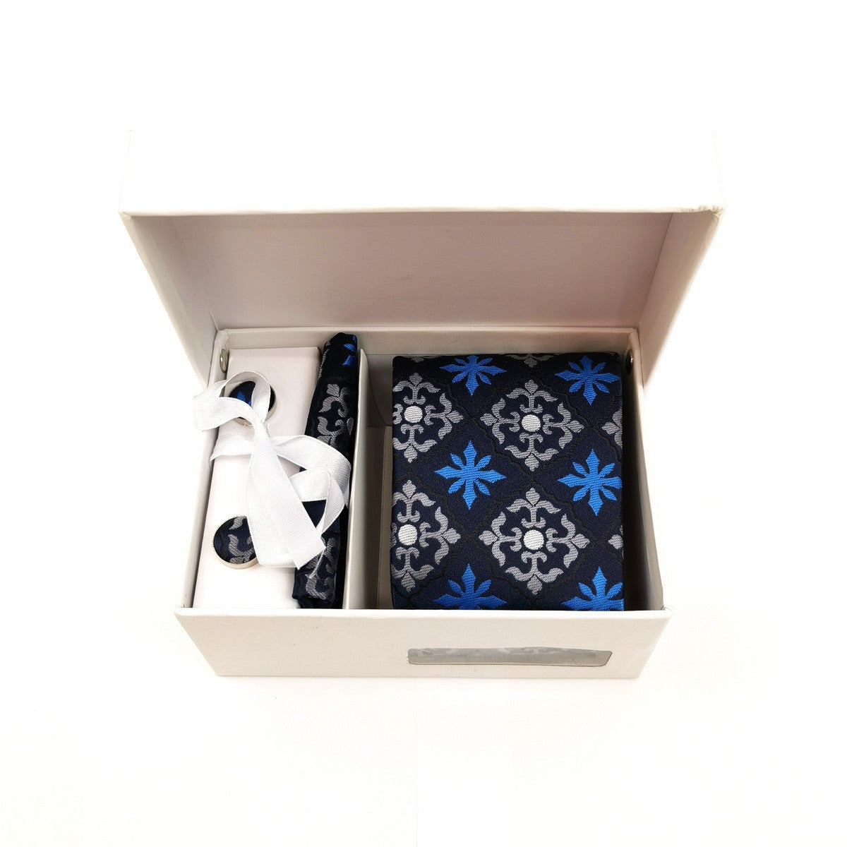 Blue Silver Geometric Tie & Cufflinks Set