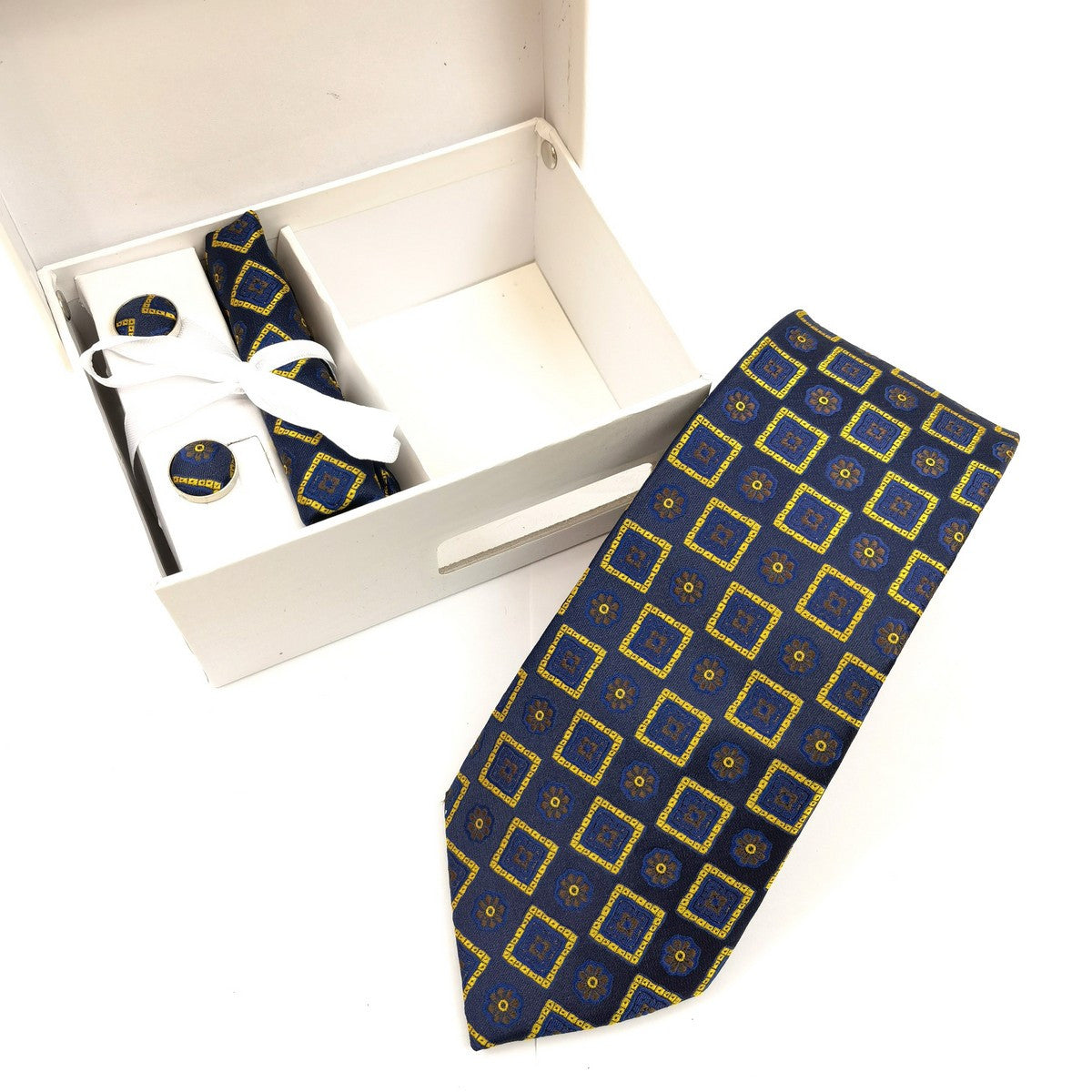 Navy Gold Abstract Floral Square Tie & Cufflinks Set