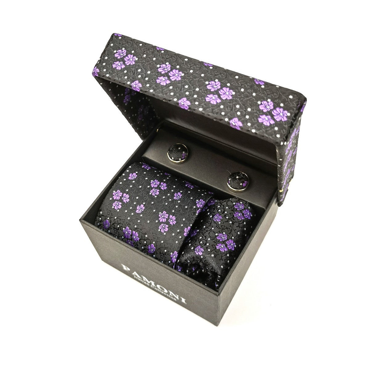 Black Lilac Motif Tie & Cufflinks Set