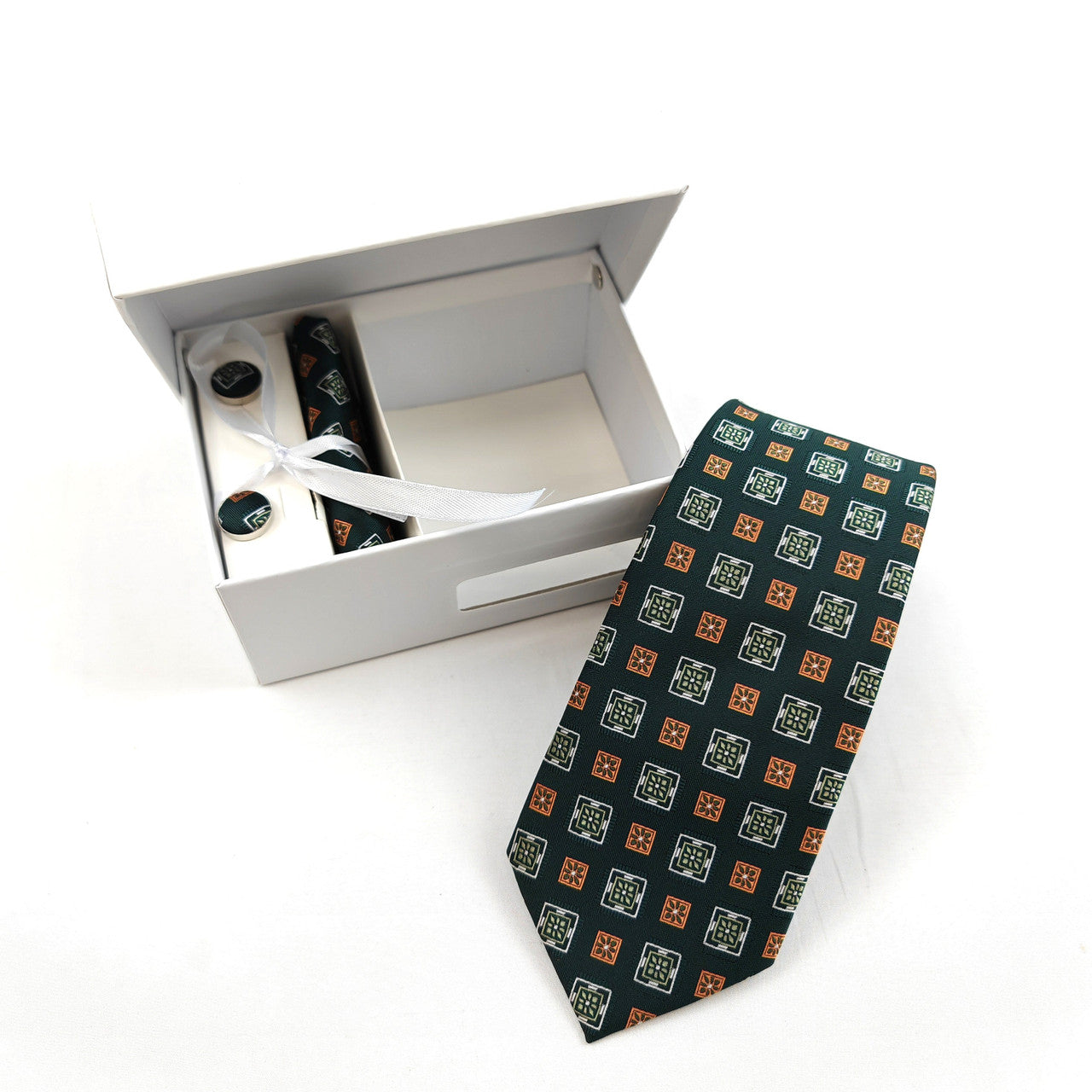 Green and Orange Geometric Tie & Cufflinks Set