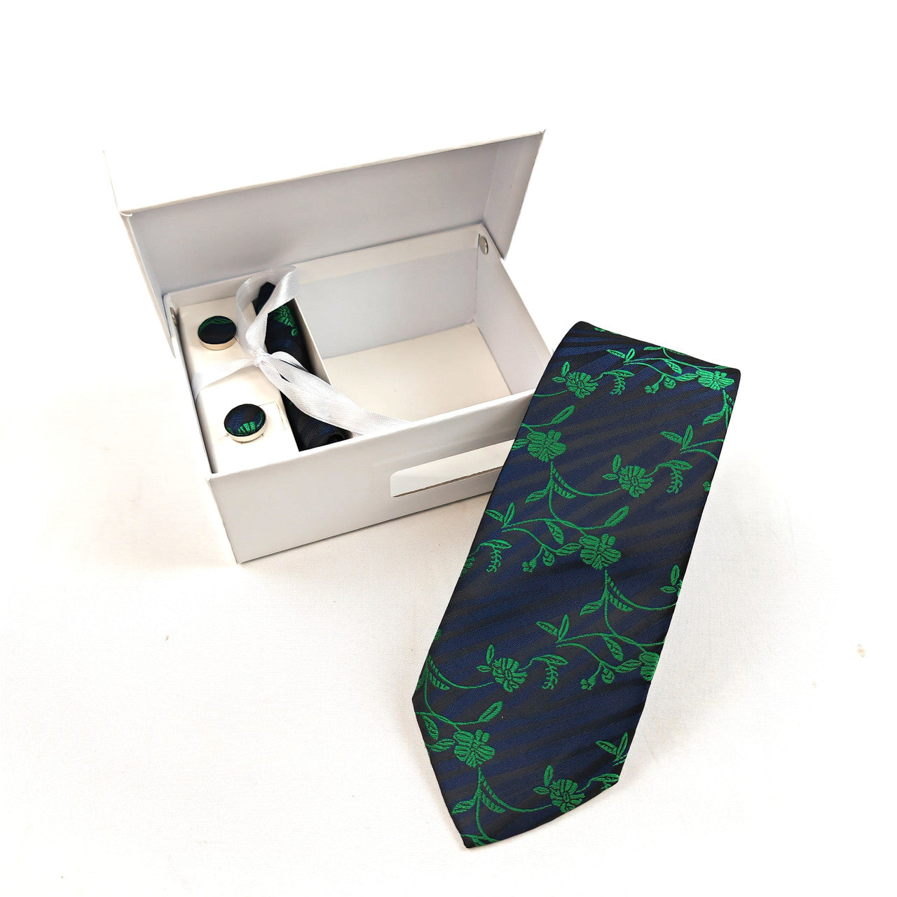Navy Green Floral Tie & Cufflinks Set