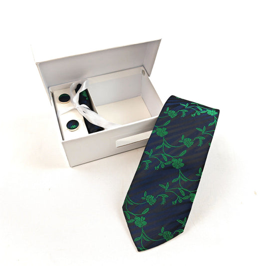 Navy Green Floral Tie & Cufflinks Set
