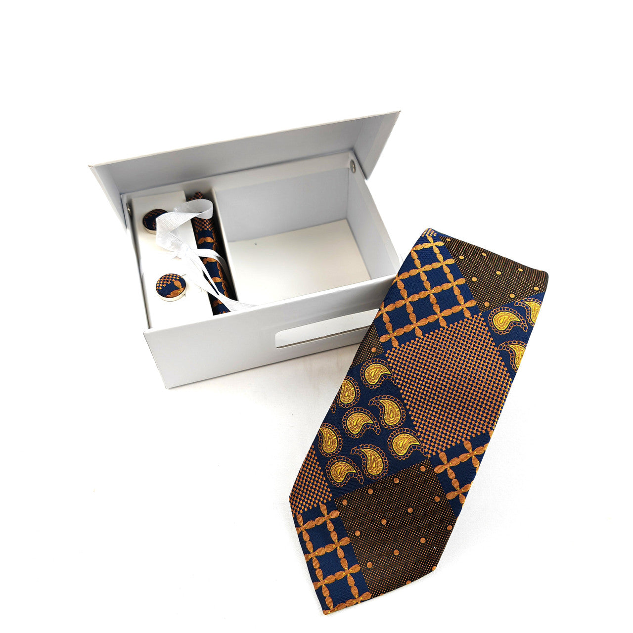 Brown and Gold Paisley Check Tie & Cufflinks Set