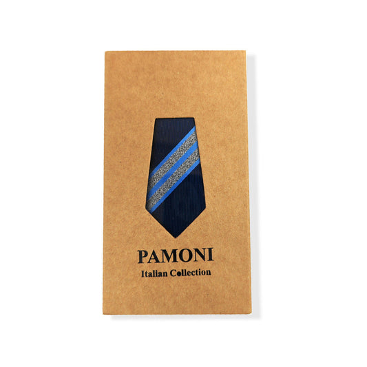 Blue Silver Bold Stripe Tie & Pocket Square Set