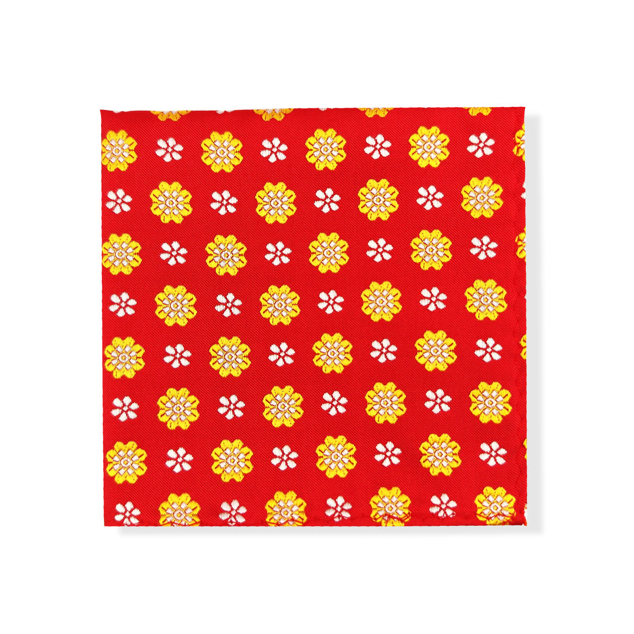 Red Yellow Flower Geometric Tie & Pocket Square Set